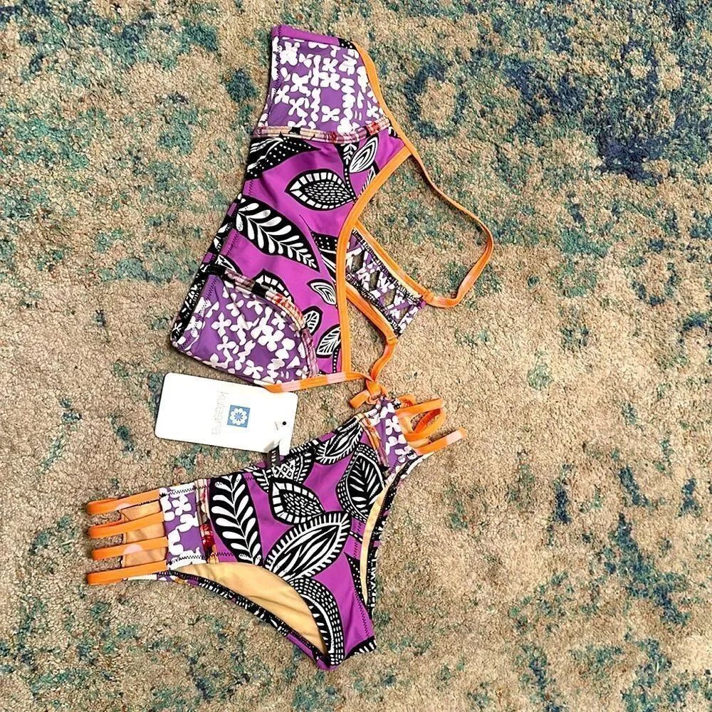 NWT Kuleana Women's Purple Leaf Print Top & Bottom Two Piece Set Size Small